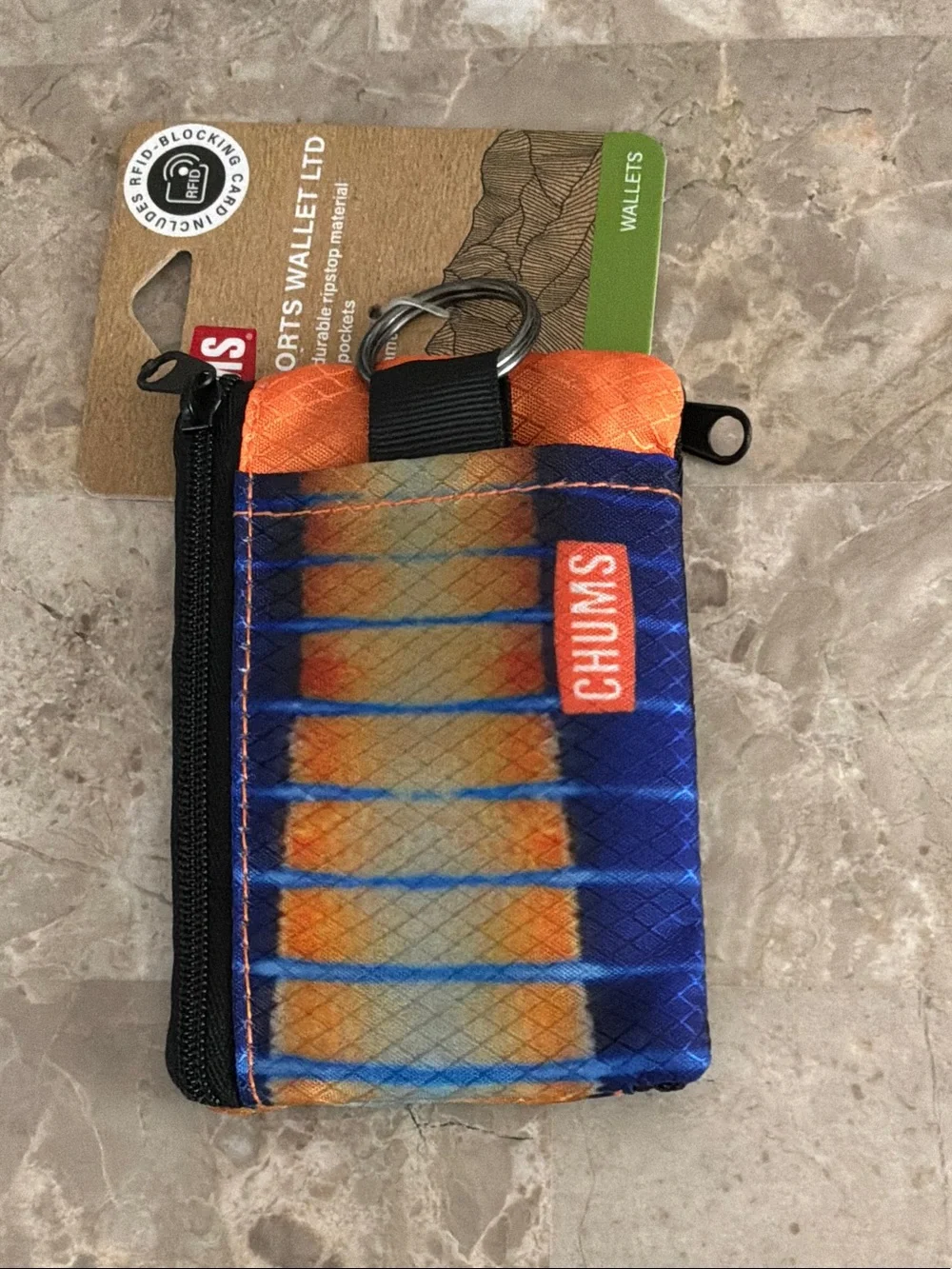 CHUMS Blue Orange Surfshorts Wallet with ID Window